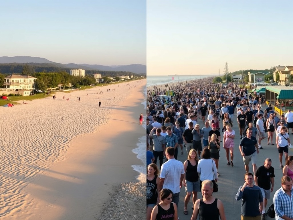 contrast empty morning beach vs busy midday parksville crowds comparison