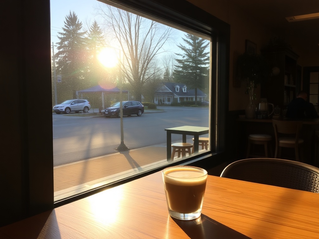 cozy cafe parksville morning sunlight latte window relaxed local atmosphere