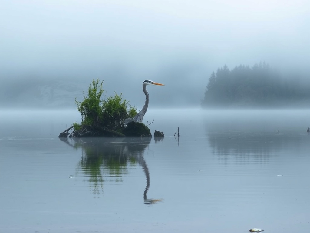 great blue heron shallow water vancouver island morning mist calm wildlife scene