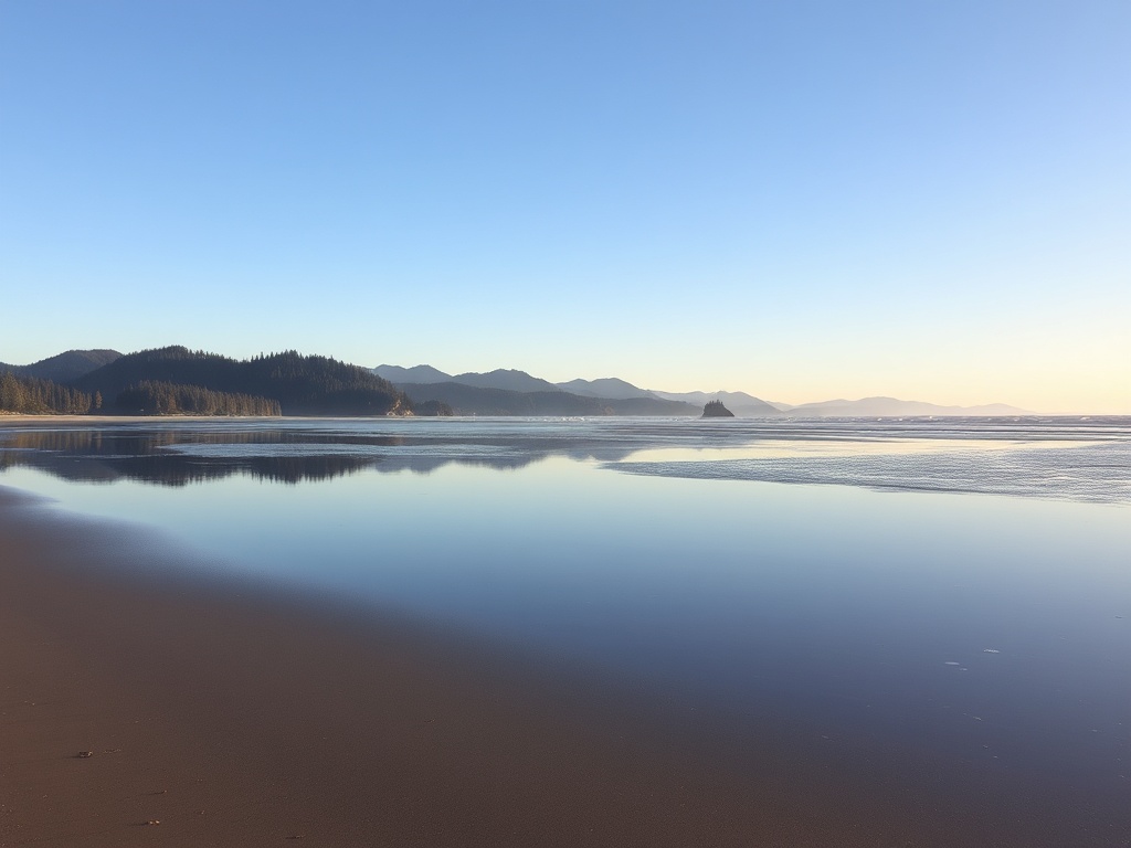 low tide wide sand flats reflections vancouver island beach early morning peaceful