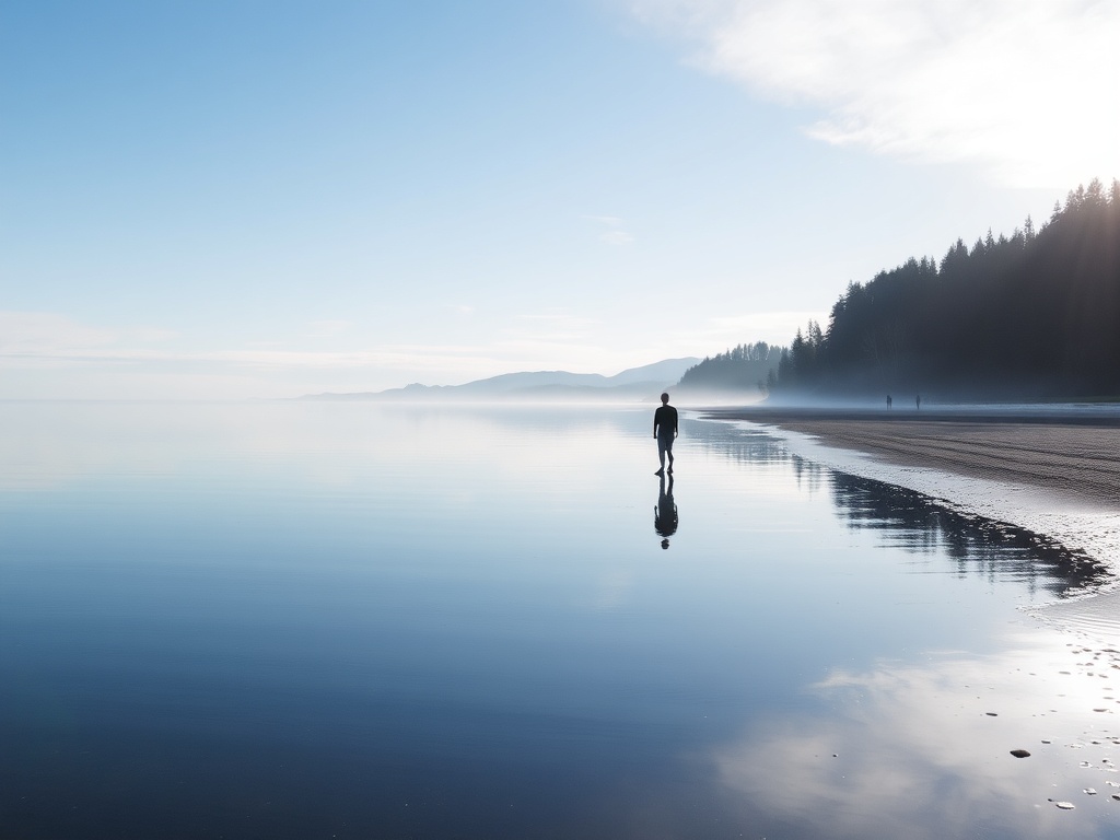 person walking alone shoreline morning reflection calm minimal british columbia coast