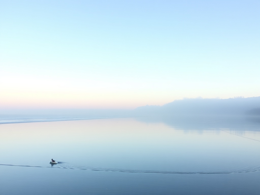 calm sunday morning beach parksville soft mist gentle waves quiet reflective atmosphere
