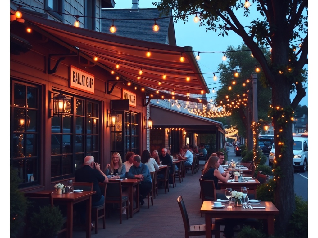 cozy casual restaurant patio in parksville with string lights, people dining relaxed atmosphere coastal town