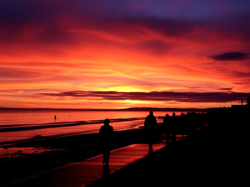 dramatic ocean sunset parksville silhouettes people walking shoreline orange purple sky reflections water