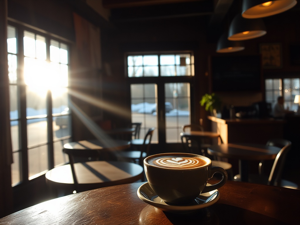 early morning coffee shop in parksville with sunlight through windows, latte art, quiet calm atmosphere