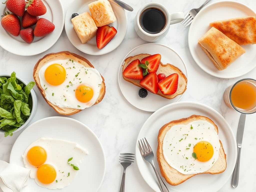 fresh brunch spread with local ingredients eggs toast fruit coffee bright natural light relaxed vibe