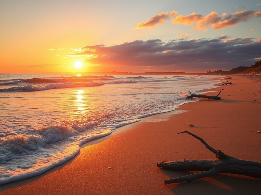 golden sunset over parksville beach with soft waves and driftwood, warm coastal light, peaceful evening