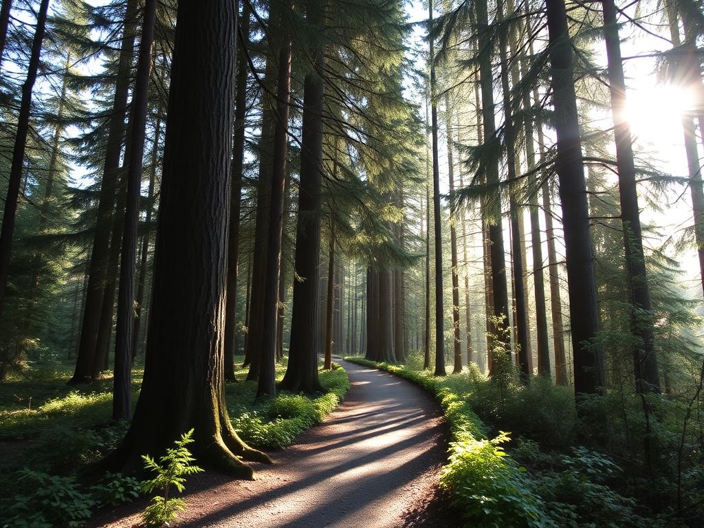 lush forest trail near parksville with sunlight filtering through trees, peaceful hiking path, west coast scenery