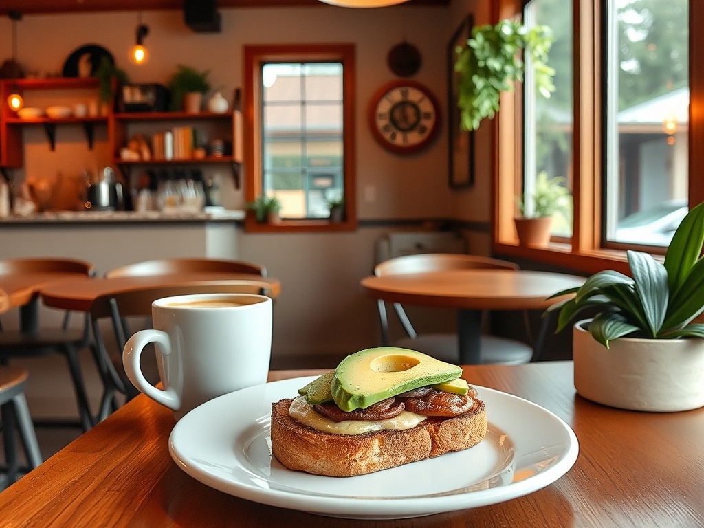 cozy cafe brunch avocado toast coffee rustic interior Vancouver Island small town