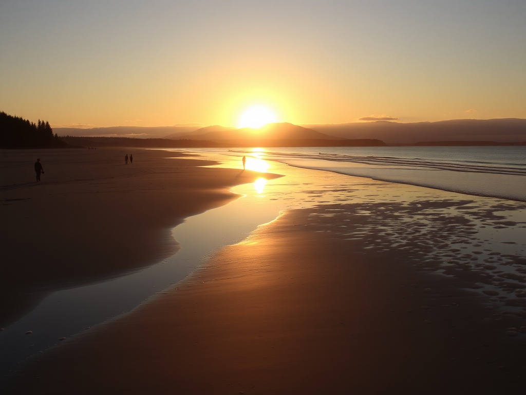 golden sunset over Parksville beach wide sandy shoreline people walking tide pools Vancouver Island