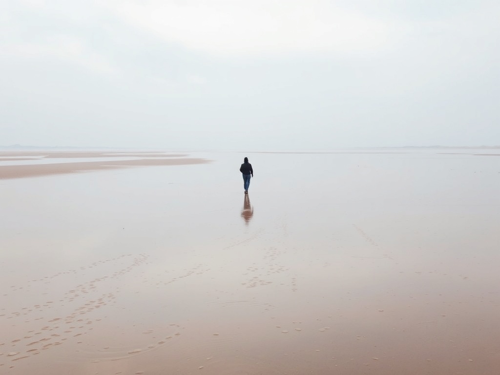person walking along wide tidal flats reflective sand low tide peaceful minimal scene