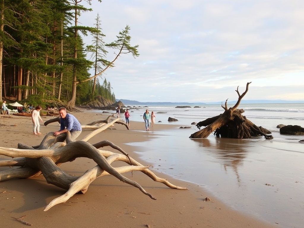 Rathtrevor Beach Provincial Park driftwood trees ocean low tide families Vancouver Island