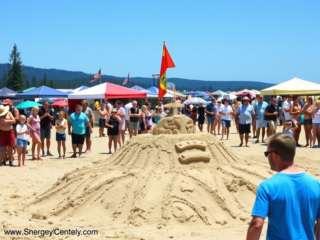 summer crowd Parksville beach festival sandcastle competition busy sunny day Vancouver Island