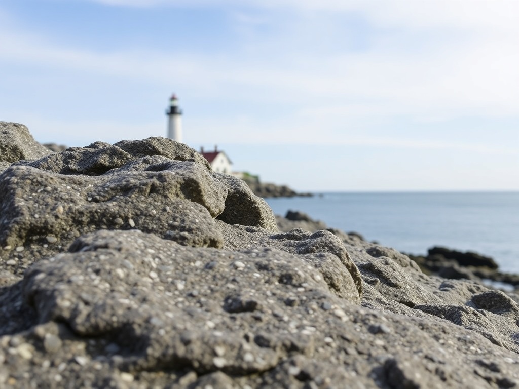 close view of textured granite rocks peggys cove with lighthouse in distance and ocean horizon