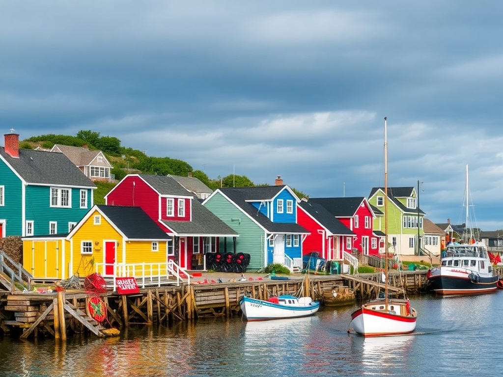 colorful fishing village houses peggys cove nova scotia with lobster traps and boats