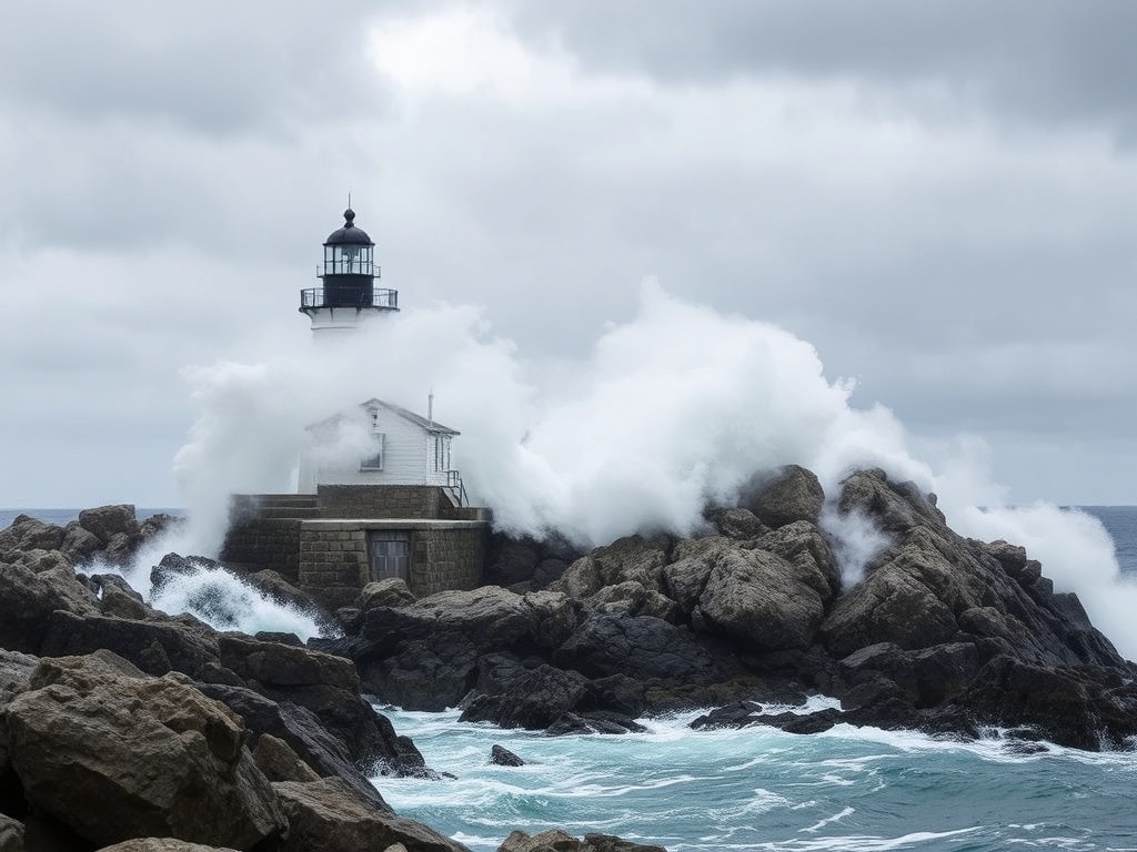 dramatic atlantic waves crashing against granite rocks peggys cove lighthouse stormy skies