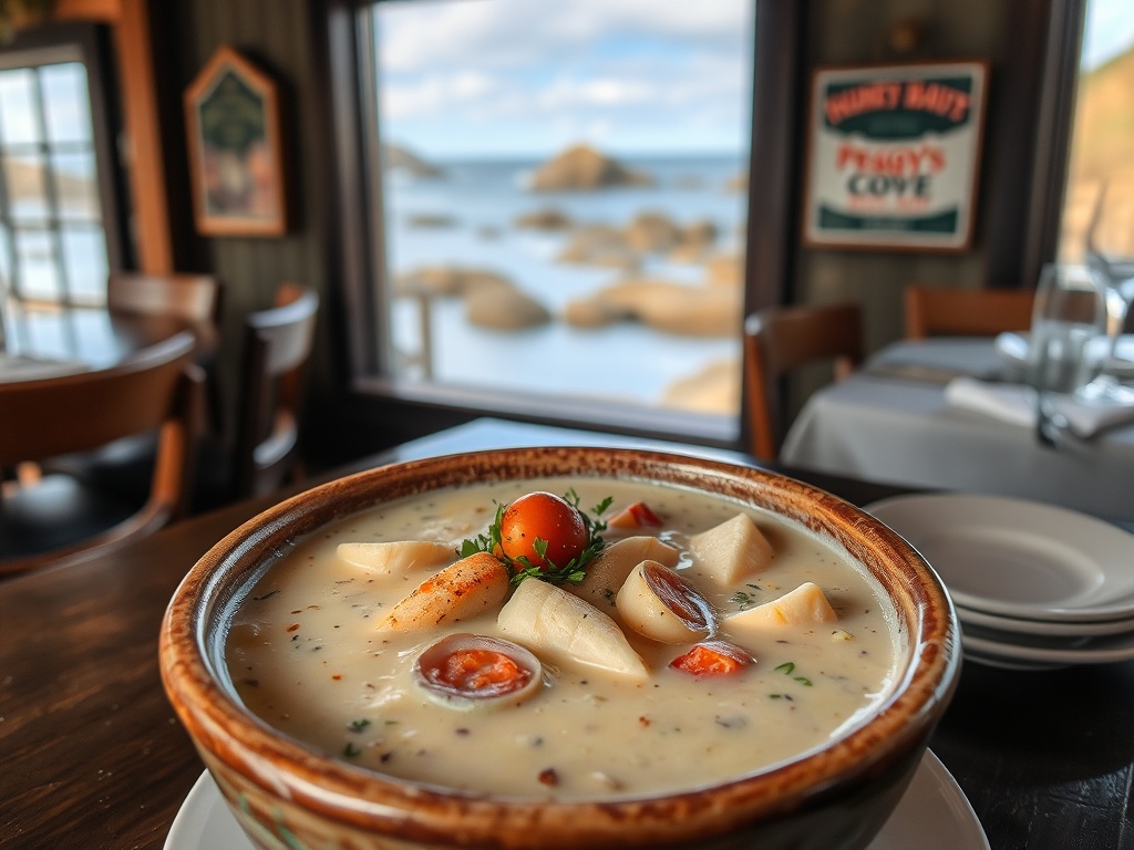 fresh seafood chowder in rustic bowl with ocean view peggys cove restaurant setting