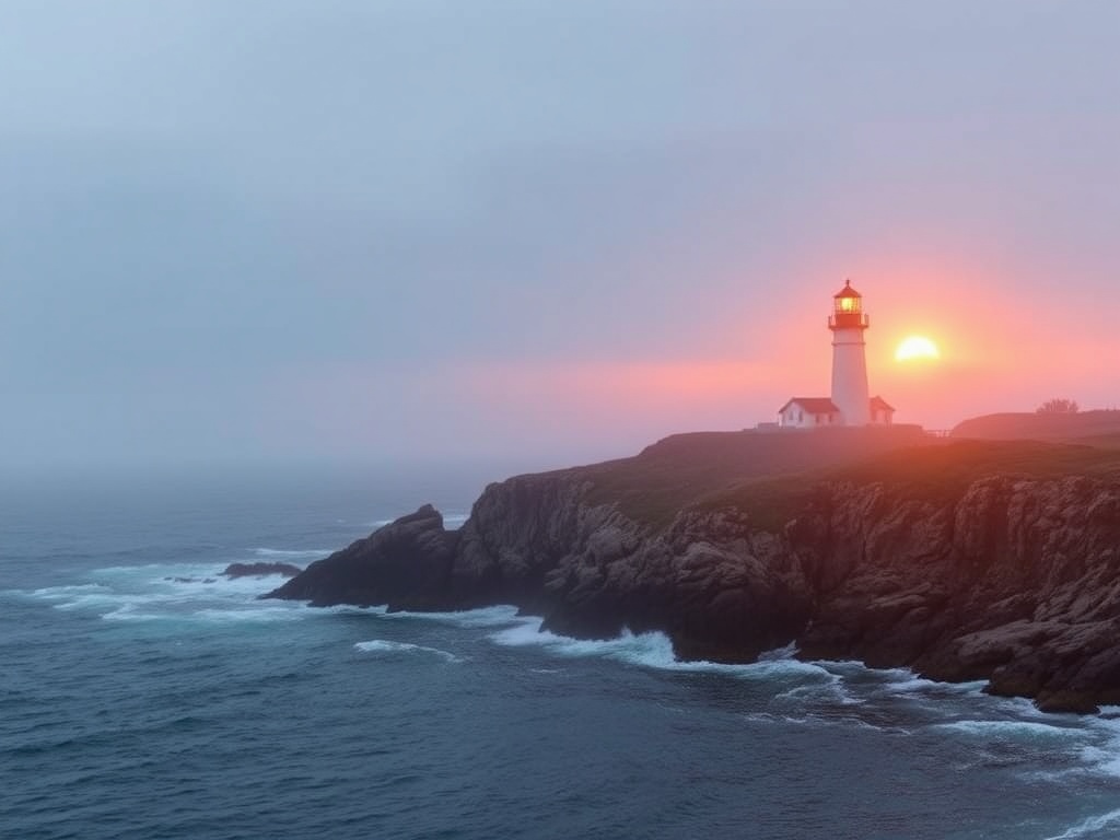 golden sunrise over peggys cove lighthouse with soft fog and calm ocean waves