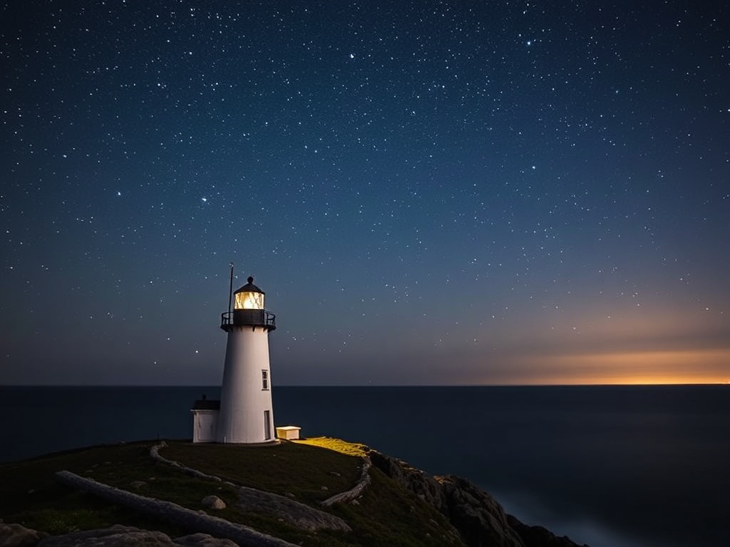 starry night sky over peggys cove lighthouse long exposure with milky way and ocean glow