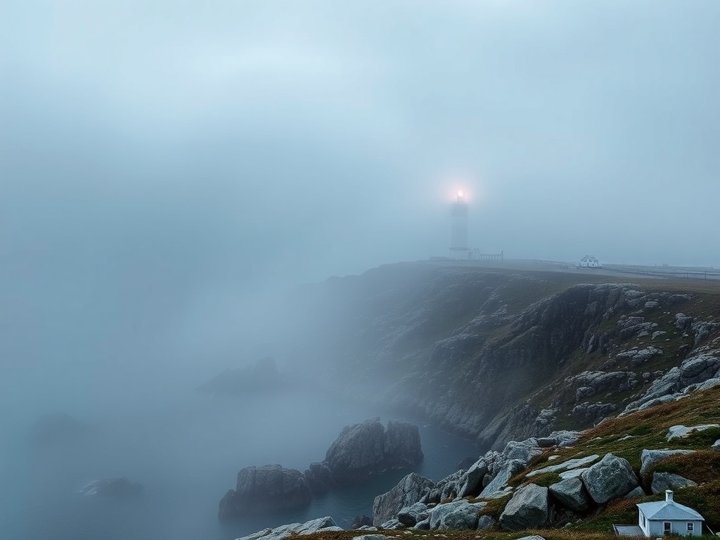 thick atlantic fog rolling over peggys cove lighthouse creating moody coastal atmosphere