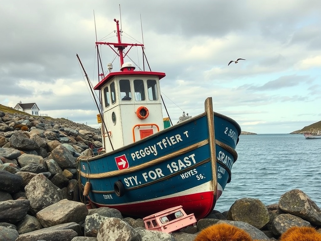 vivid description of a fisherman’s boat docked at Peggy’s Cove