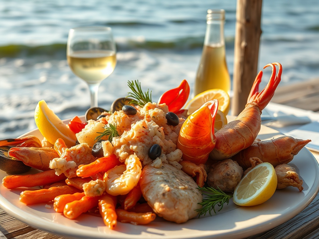 vivid description of a seafood meal by the ocean