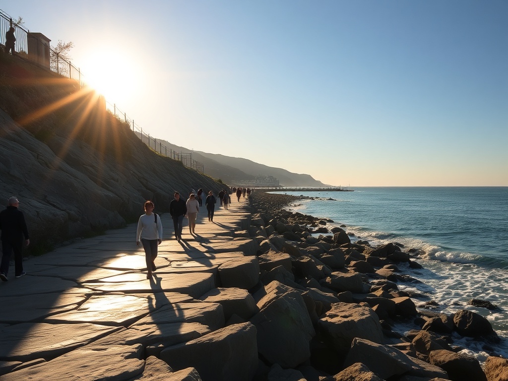 vivid description of people walking along the rocks in the afternoon sun