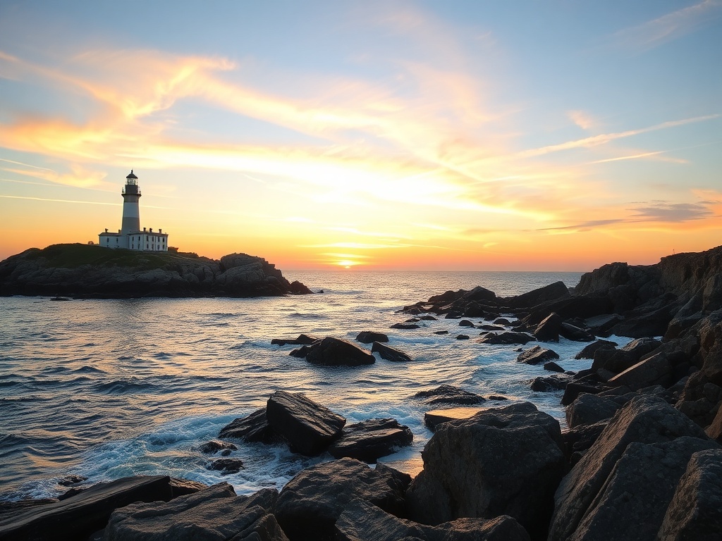 vivid description of the rocky coastline and lighthouse at sunset