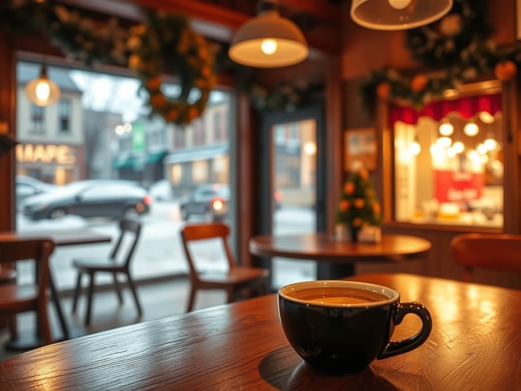 cozy small town cafe interior in Ontario, warm lighting, coffee cup on wooden table, window view of snowy street