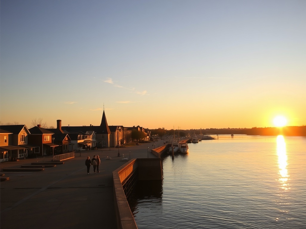 golden hour over Pembroke waterfront with calm river, people walking, soft Ontario light, peaceful small town vibe
