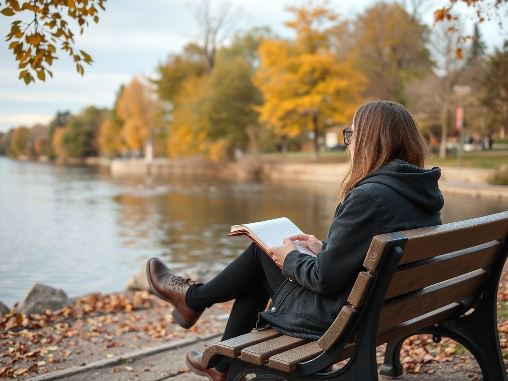 person sitting on a bench by Ottawa River in Pembroke, journal in hand, quiet reflective mood, autumn colors