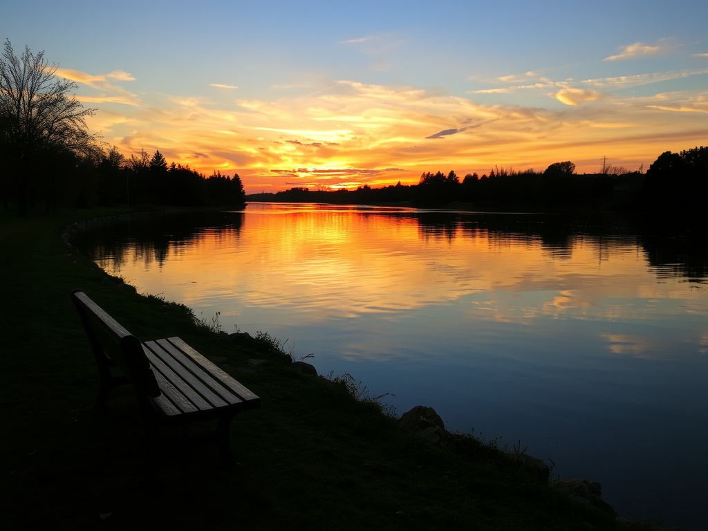 quiet riverside sunset in Pembroke Ontario, glowing sky reflected on water, empty bench, peaceful solitude