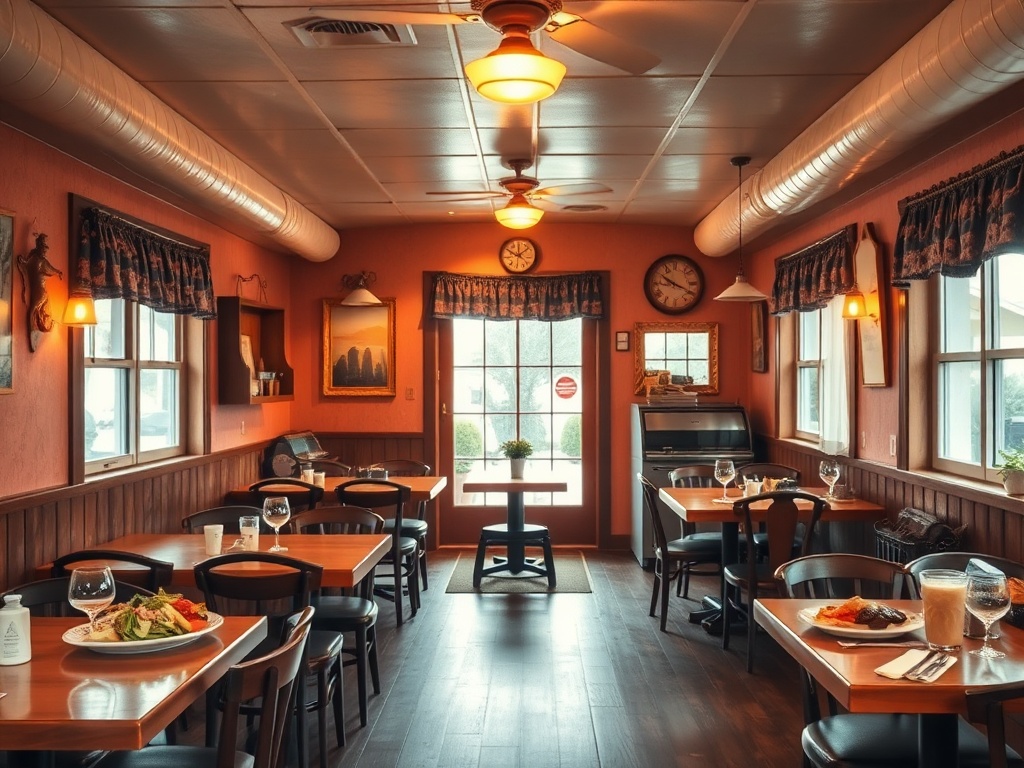 cozy small-town Ontario restaurant interior with warm lighting, wood tables, and comfort food dishes