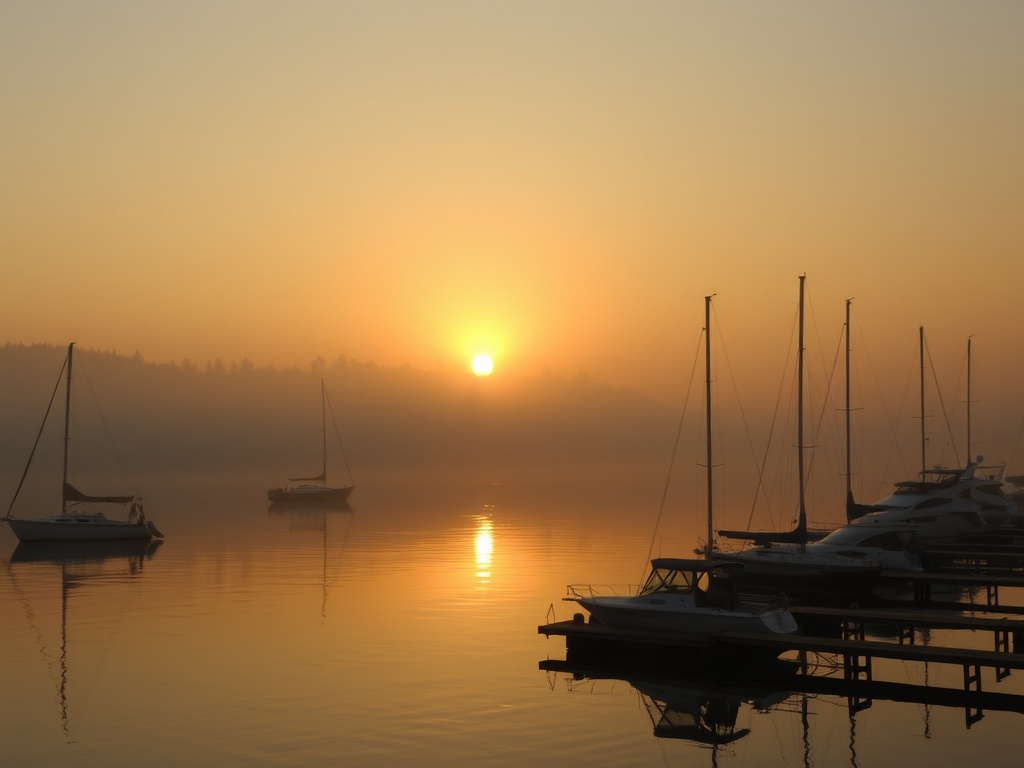 golden sunrise over Penetanguishene harbour with calm water, boats, and soft mist, cinematic lighting
