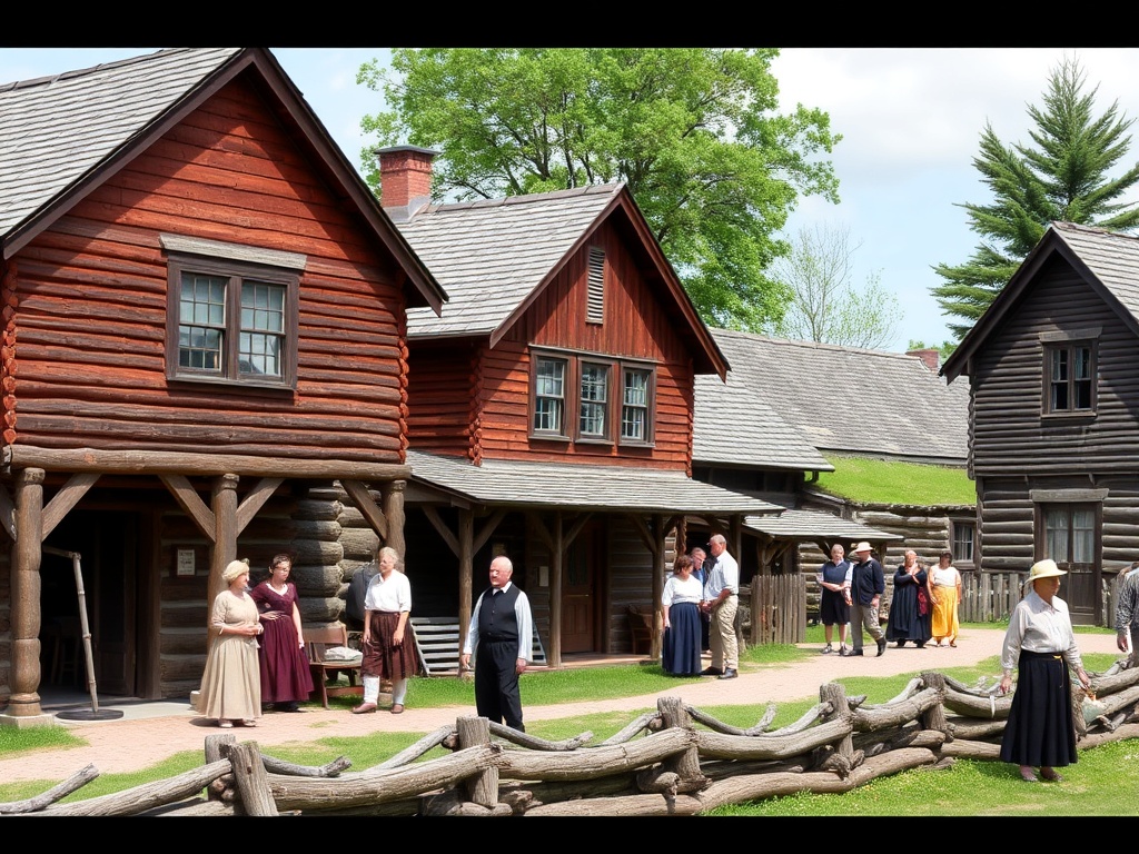 historic wooden buildings and reconstructed fort scene in Penetanguishene with people in period clothing