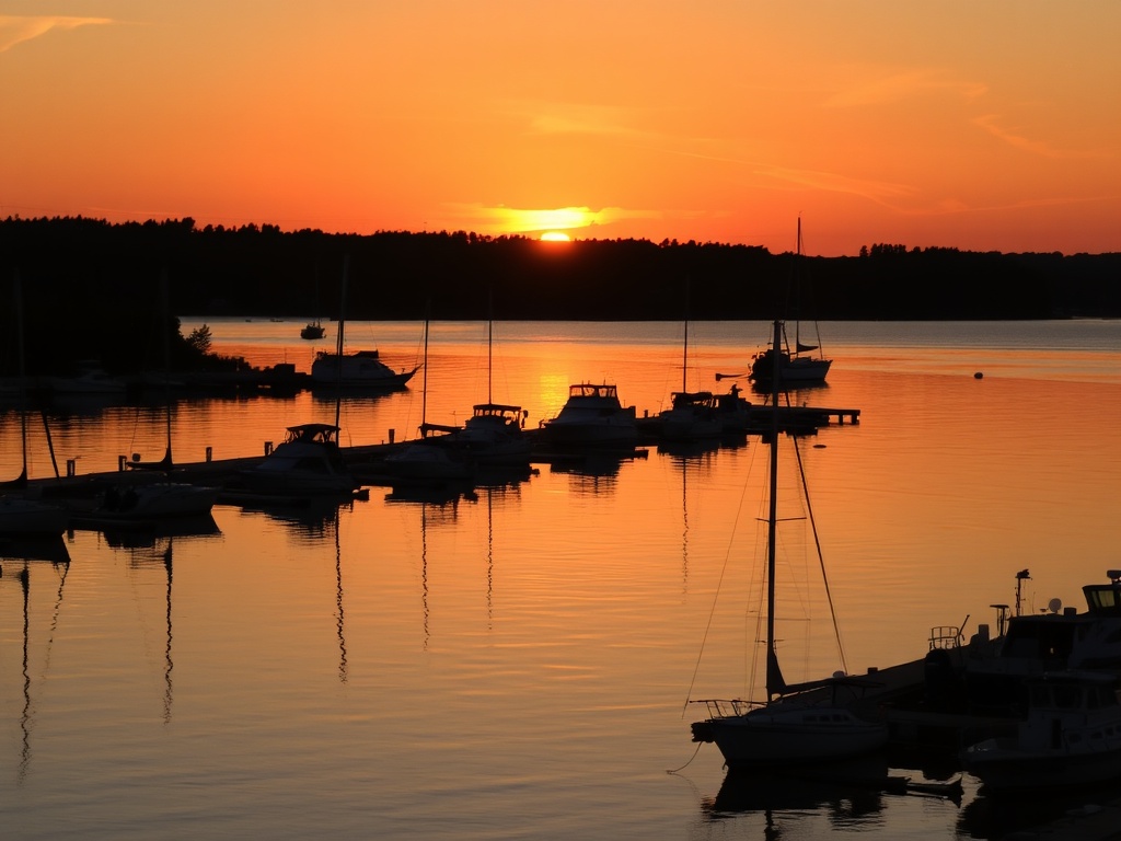 Penetanguishene harbour at sunset with orange sky reflecting on water and silhouettes of boats