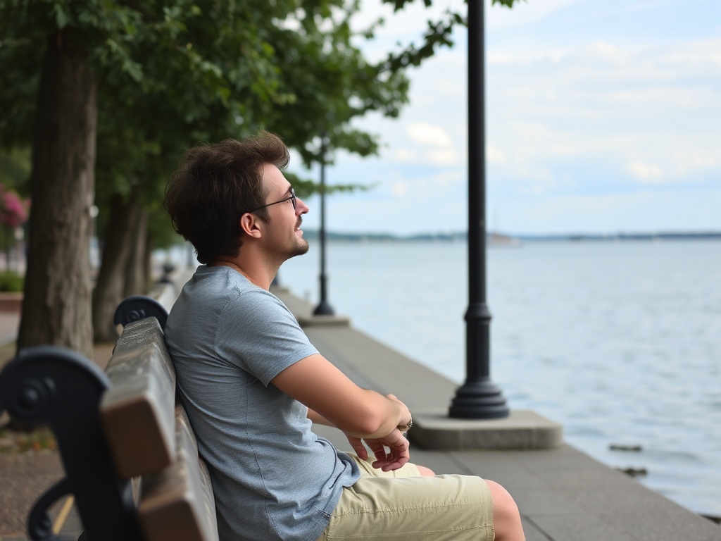 person sitting by waterfront bench in Penetanguishene looking relaxed and reflective, minimal crowd