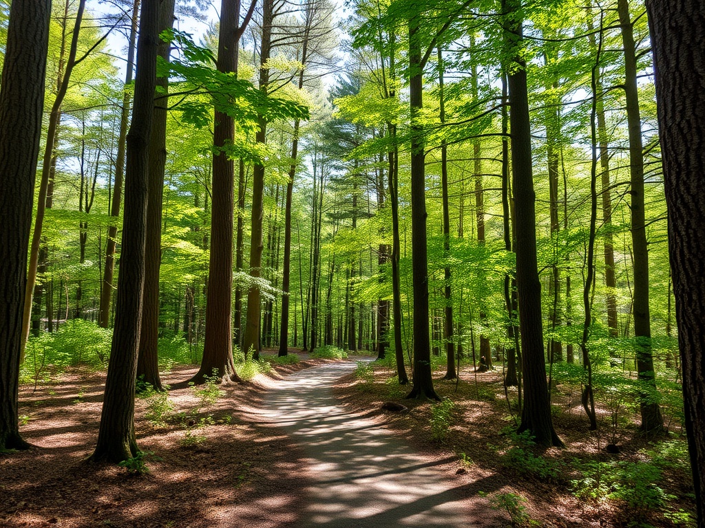 quiet forest trail near Penetanguishene with tall trees, dappled sunlight, and no crowds