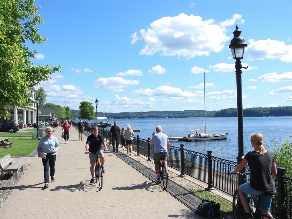 relaxed weekend scene in Penetanguishene with people walking, biking, and enjoying lakeside views