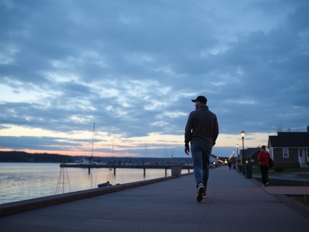 traveler walking away from Penetanguishene waterfront at dusk with soft light and peaceful atmosphere