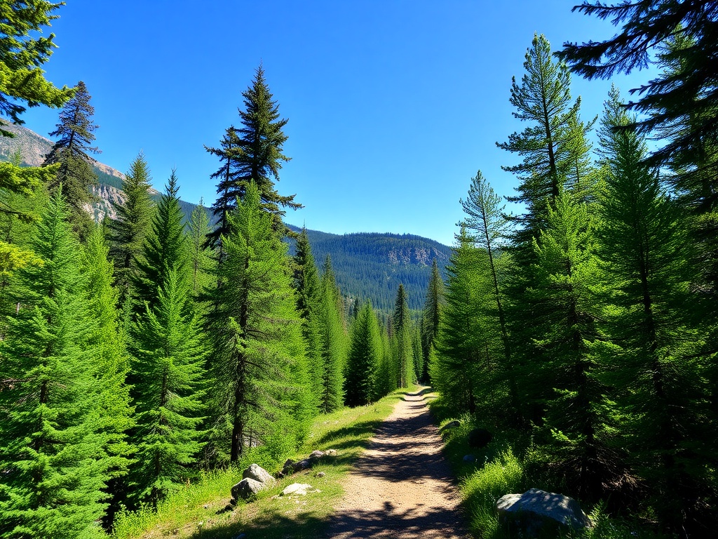 mountain trail hike with lush green trees and a clear blue sky