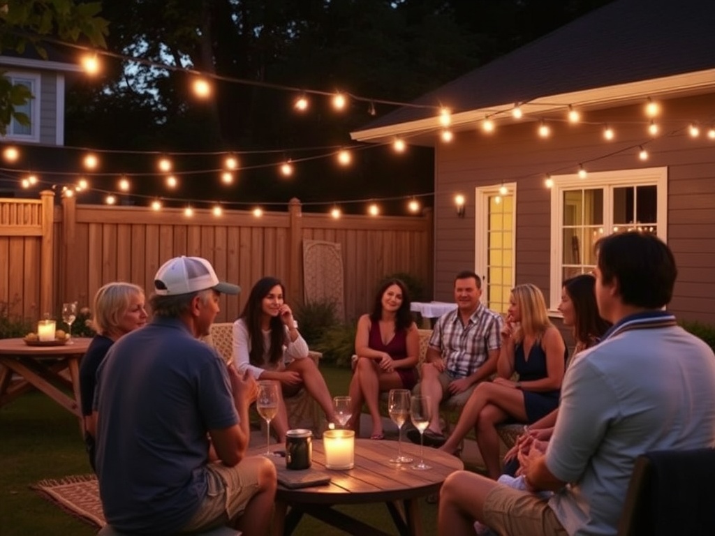 backyard gathering with friends string lights casual summer evening in Ontario