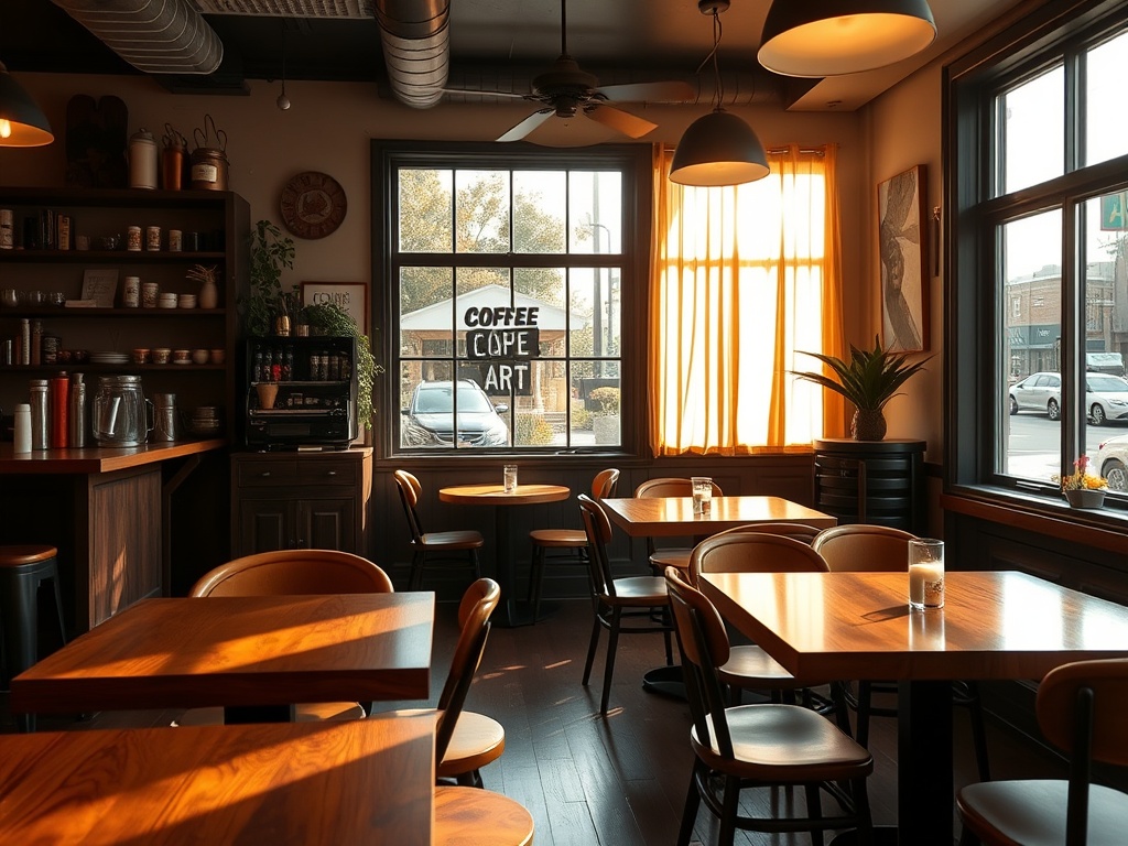 cozy local coffee shop interior with wooden tables sunlight and latte art