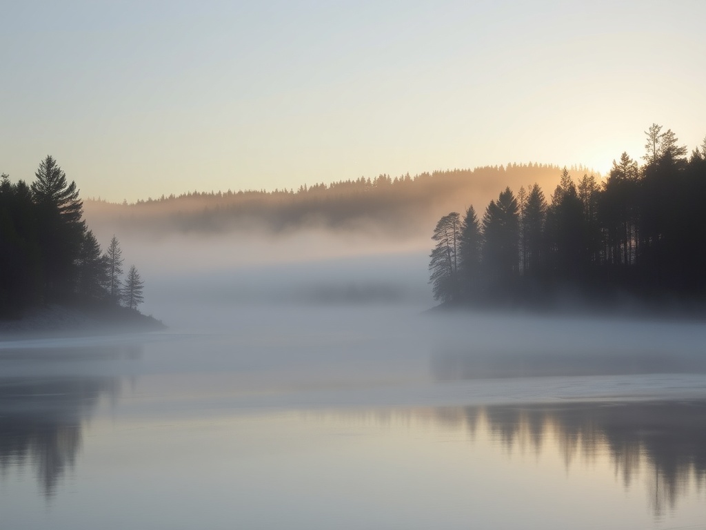 early morning mist over Ottawa River near Petawawa with soft sunlight and pine trees