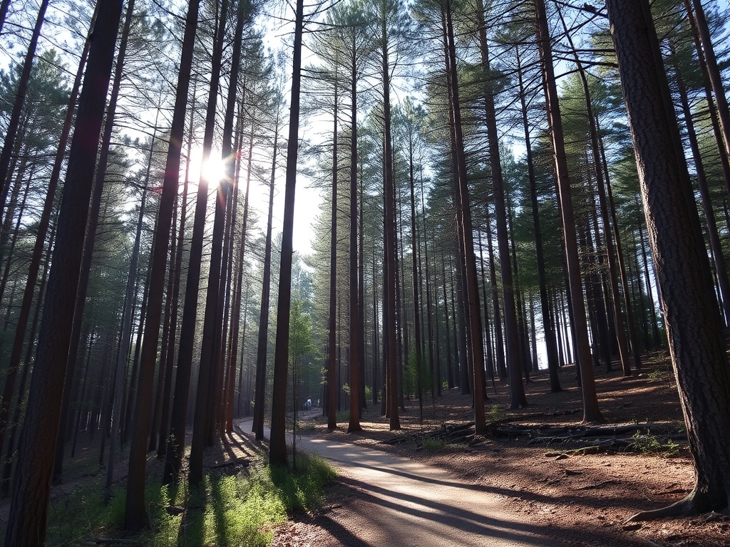 forest trail near Petawawa with tall pines and sunlight filtering through trees