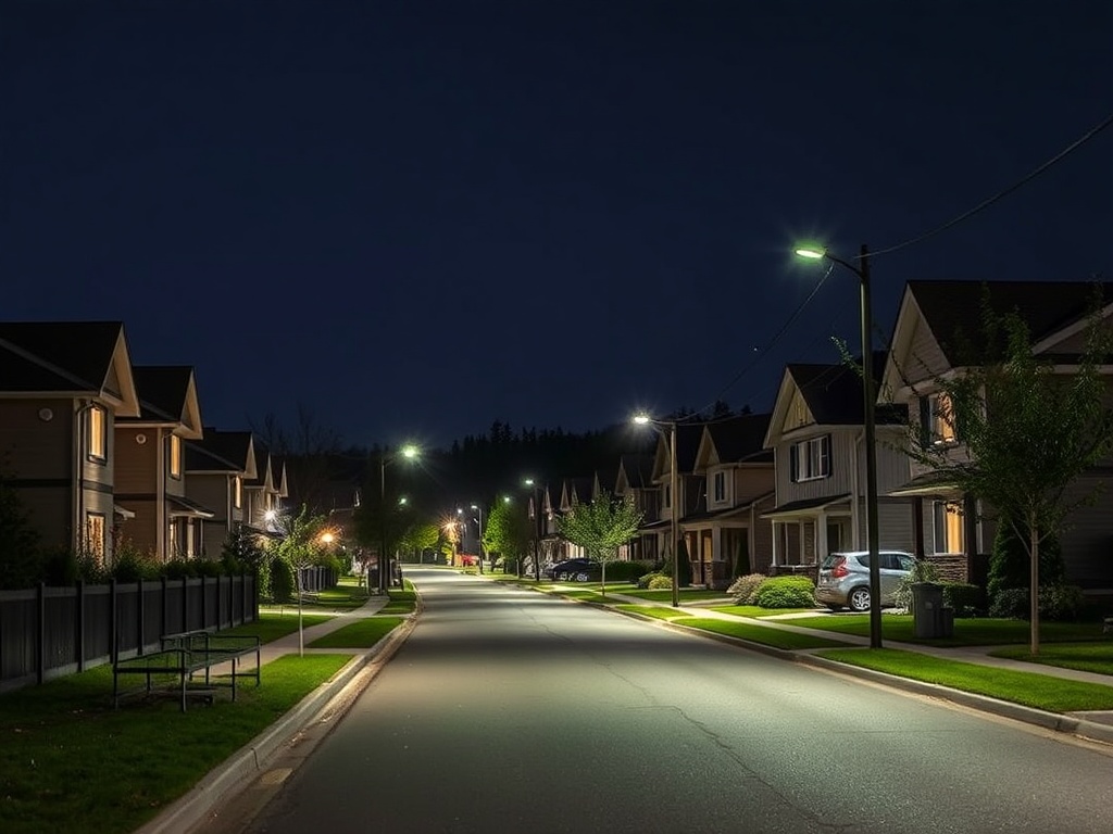 quiet residential street in Petawawa at night with soft lighting and peaceful atmosphere