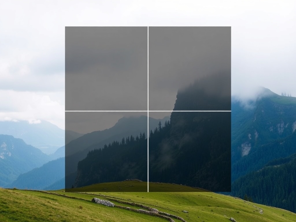 A composition grid showing the Rule of Thirds applied to a landscape photo