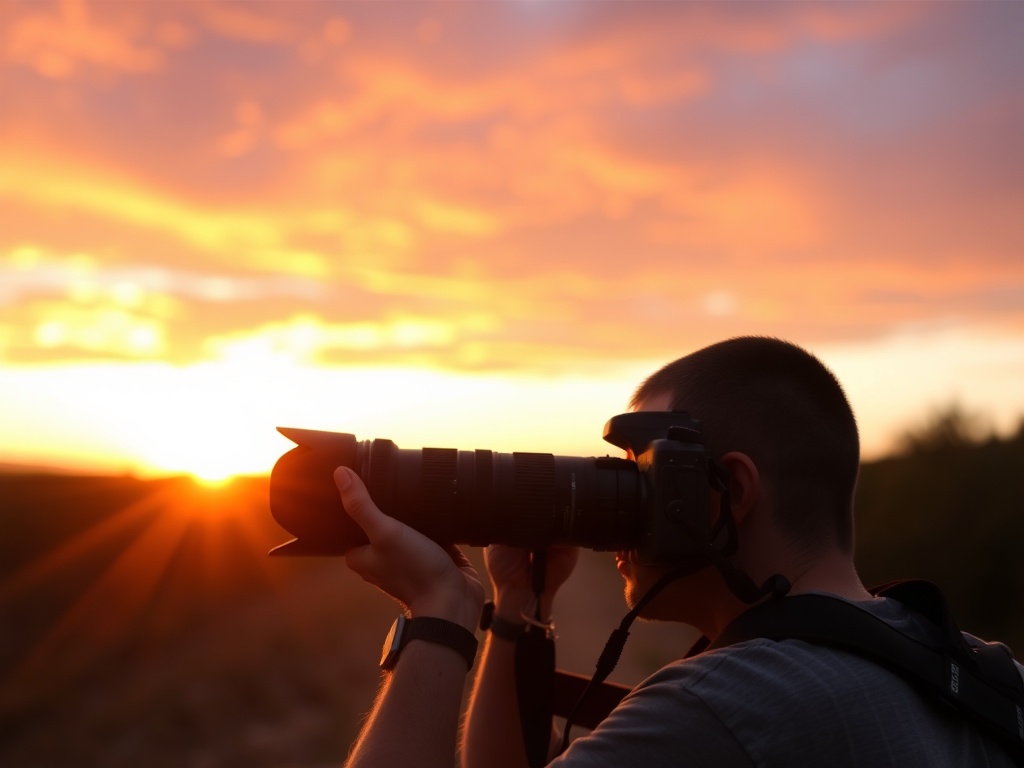 A photographer in action, capturing a sunset with a DSLR camera