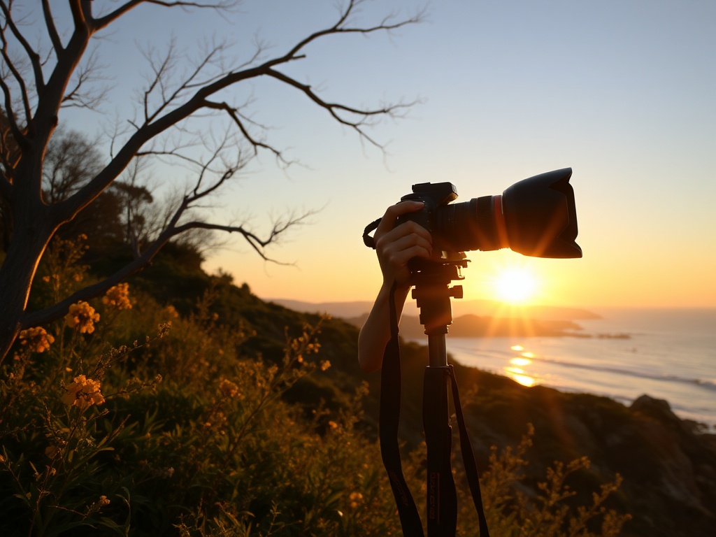 A photographer taking a picture during the golden hour with soft light