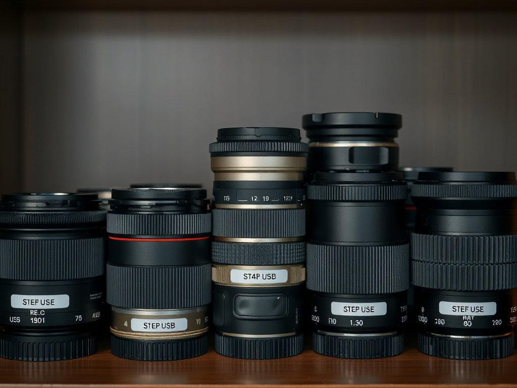 A selection of camera lenses, each labeled for its use